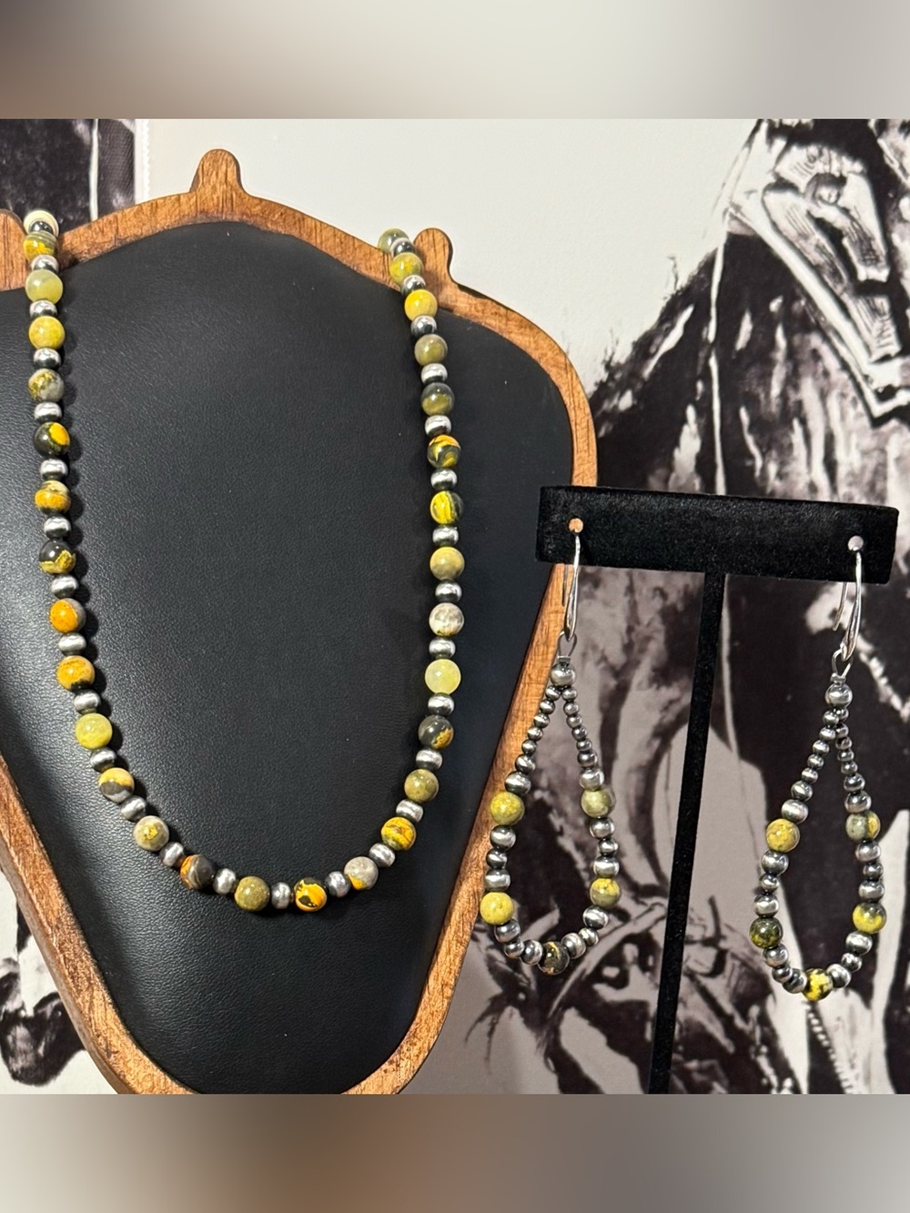 Bumblebee jasper and sterling silver Navajo beaded necklace and earring set